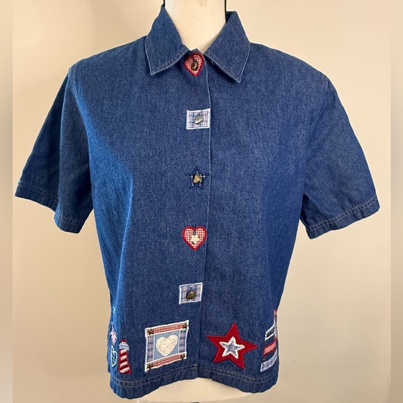 Koret Tops - Koret vintage cotton denim patchwork embroidered short sleeve shirt SZ SM